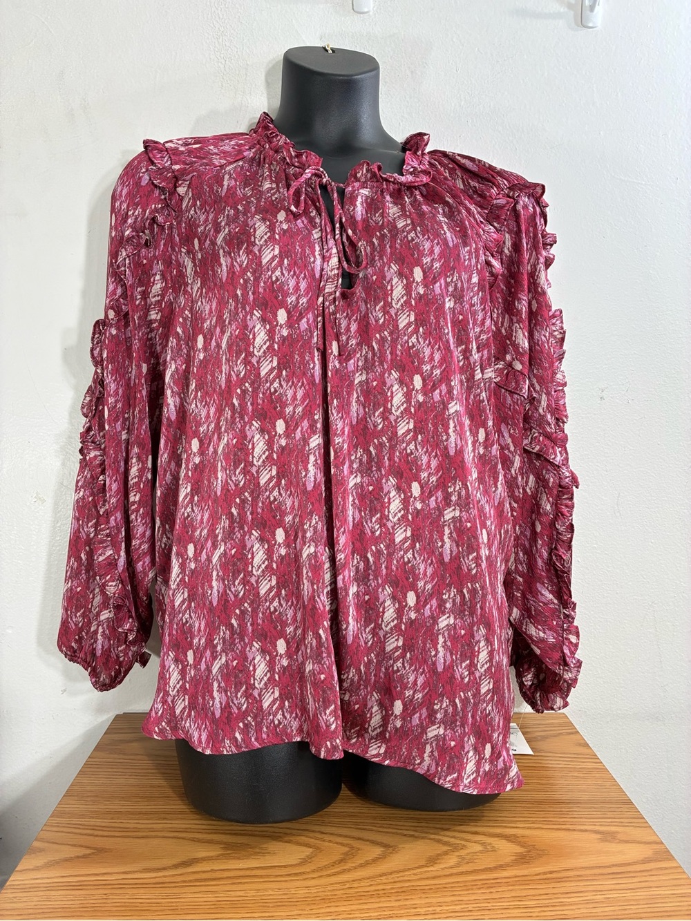 Women’s Ruffled Long-Sleeve Blouse - Berry Print 2X New